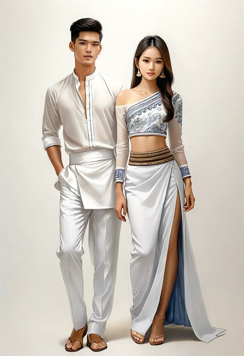 candid fashion illustration of two young man and women, 20 year old, adorned in a meticulously crafted North Thai traditional outfit, ((showcase fashion in a Northern Thai style, cotton handwoven in white color)), simple elegant and luxury style, The man wears a simple long-sleeved white shirt with minimal details, paired with white Tailor pants, and shoes, The woman complements him with white tubular skirt or Sarong with simple patterns, ankle-length, fitted intricately decorated blouse that complements the skirt. Captured in a low angle, ((full-body image)), stands gracefully against the white backdrop. Their attire simple with intricate embroidery and white accents, each element carefully chosen to reflect the rich Lanna cultural heritage, ((white studio background)), realistic color pencil lines, perfect drawing, charcoal lines, fading sketch, quick Sketch, soft light, fashion illustration, fashion sketching