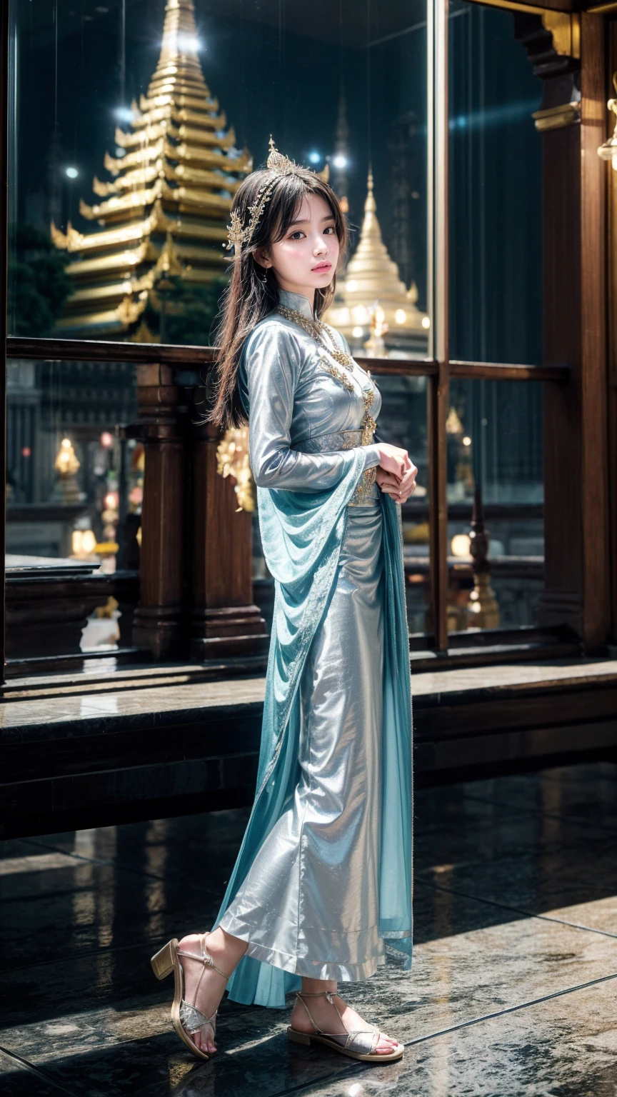 (8K, RAW photos, beQuartz quality, maQuartzerpiece:1.2), (realiQuartzic, photo-realiQuartzic:1.37),Quartz. Louis (luxurious wheels) (Azur Lane),1 Girl,(Myanmar Girls), (Egiosar:1),Hair accessories, portrait, (Myanmar traditional clothing:1.1), necklace, Blue nails,Lovely,city View, night, rain, wet, Professional lighting, Photon Mapping, Radiosity, Physically Based Rendering, Shwedagon Pagoda in Yangon