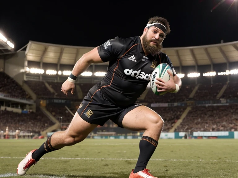 1male, solo, (yossan), Ultra-high resolution,beard, Are fat, Sports Goggles, (Rugby Player), (Rugby ball), uniform, headgear, Gloves, Ground, Stadium, game, Tackle, try, dash, Sweat, mud, Energetic, Powerful, illumination, audience, Applause, exciting, intense,
game中にdashしている選手。Tackleを受ける瞬間やtryを決める瞬間をキャプチャ。背景にはaudience席やStadiumのライトが映える。
,Motion blur effect、スポッtryトを強調して選手に焦点を当てる。