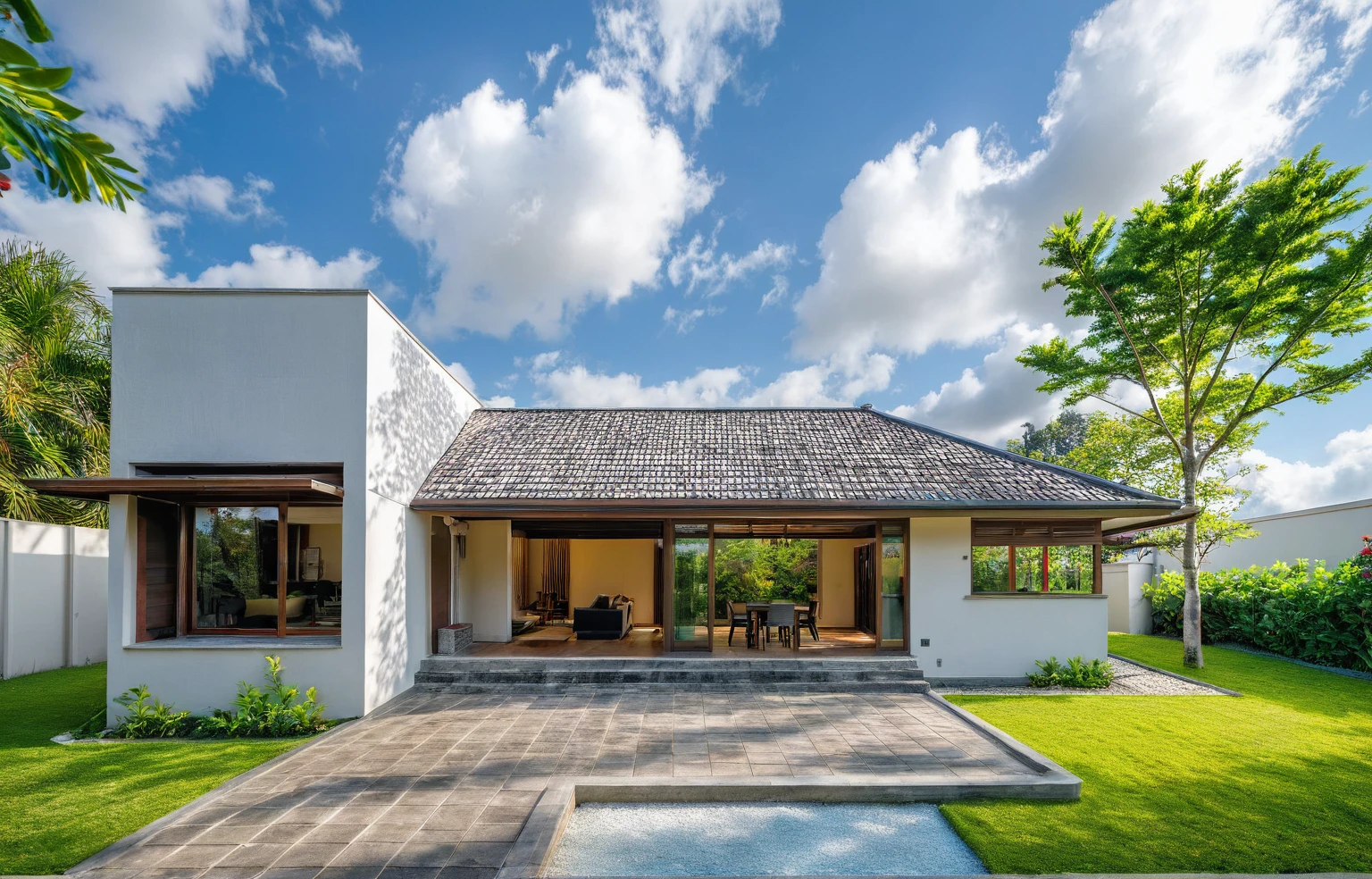 masterpiece, High quality, best quality, realistic, super detailed, Outside, modern house style, countryside, faux stone tiled walls, glass windows, porte d'entrée, trottoir, grass, arbres, blue sky, clouds, (date : January 1st), lumière realistic, Vietnamese garden