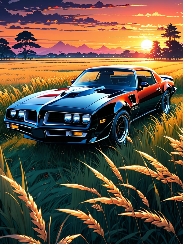 anime landscape of A pearl super basalt black classic Pontiac Firebird 1977 pontiac-bandit-trans-am sport sits in a field of tall grass with a sunset in the background.beautiful anime scene, beautiful anime peace scene, Makoto Shinkai Cyril Rolando, beautiful anime scene, amazing wallpaper, anime art wallpaper 8k, anime background, artistic anime background, anime wallpaper 4k, anime art 4k wallpaper, anime wallpaper art 4k,