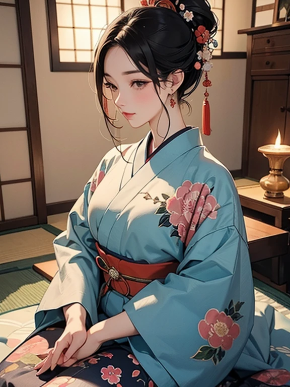 (Highest quality、masterpiece、High resolution、8K)、Ukiyo-e、Vibrant colors、Utamaro、Edo Period、Flowers of Yoshiwara、1 flower kui、whole body、Japanese-style room、It is a tatami room.、There is a candle light、Utamaroの絵のモデル、The courtesan&#39;s hair is black and beautiful、Decoration、The kimono is white with red floral patterns、Sitting、Sitting sideways、The kimono has been flipped up, exposing some bare skin.、One hand is holding a fan open、Details of the model&#39;s gestures and facial expressions、Official Art、Detailed CG、