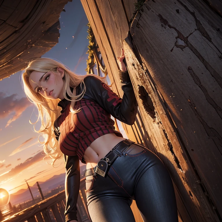 Gorgeous European blonde woman, age 23, wavy hair, tight hips. She's wearing a (tight red checkered shirt), (skinny dirty muddy washed-out black jeggings:1.5), hiking boots, belt, red sunglasses, gloves. (show off crotch:1.5). (Side view:1.2). Perfect body, perfect buttocks, blurry foreground, UHD, retina, masterpiece, accurate, anatomically correct, textured skin, super detail, high details, high quality, award winning, best quality, highres, 16k, 8k, sunset light. 