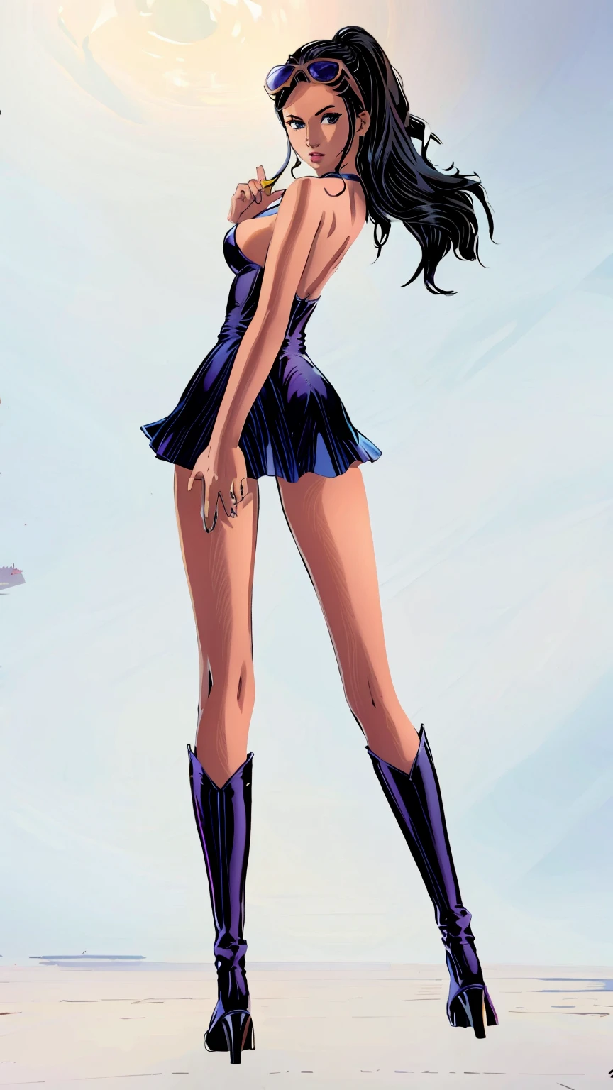 1girl, solo, boots, eyewear on head, black hair, dress, high heels, sunglasses, short dress, long hair, looking back, breasts, ponytail, nico robin, legs，medium_breasts，sideboob