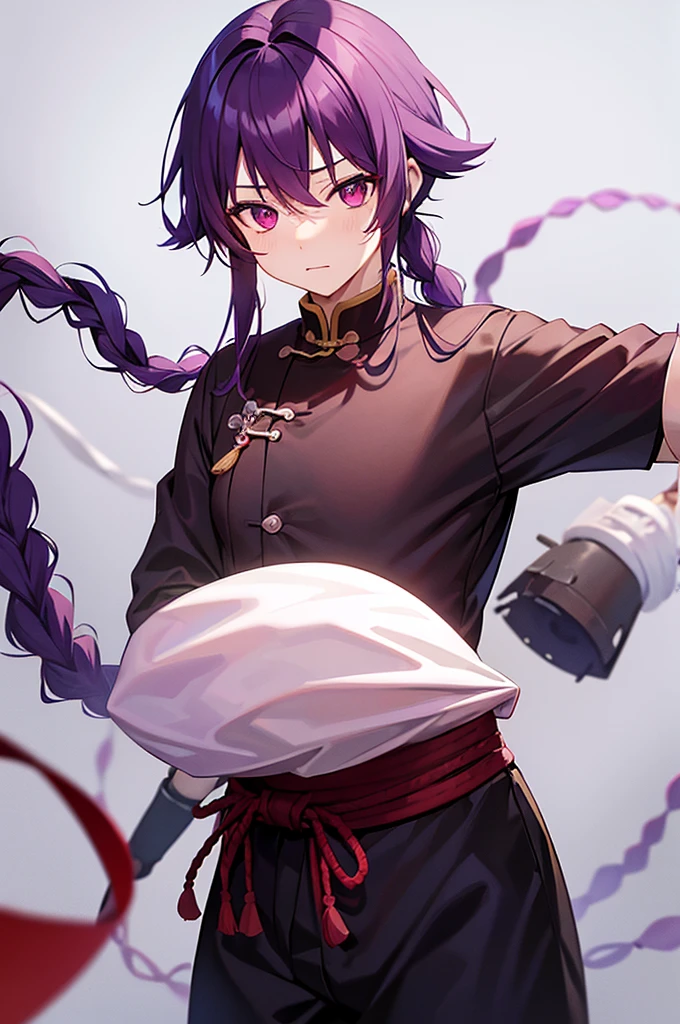 Purple Hair、Red eyes、White background、Anime characters、Knot、Braid、A man wearing black kung fu clothing、笑顔のjuvenile、Man standing facing forward、juvenile
