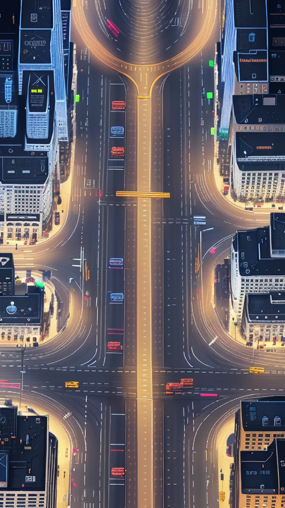 Straight road running through the center of the city, game concept, game map, pixel, pixel art, (straight road:1.2), paved road, night, detailed, vertical, bird's eye view, modern city, front projection