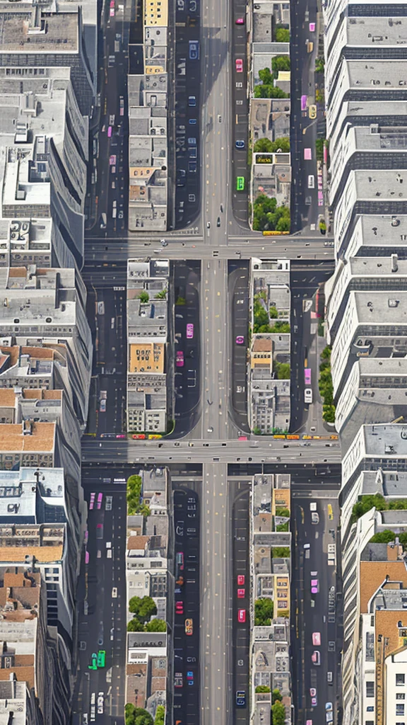 Straight road running through the center of the city, game concept, game map, pixel, pixel art, (straight road:1.2), paved road, night, detailed, vertical, bird's eye view, modern city, front projection
