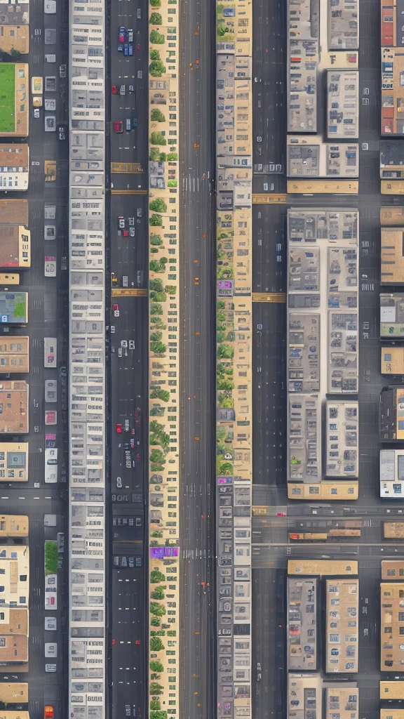 Straight road running through the center of the city, game concept, game map, pixel, pixel art, (straight road:1.2), paved road, night, detailed, vertical, bird's eye view, modern city, front projection