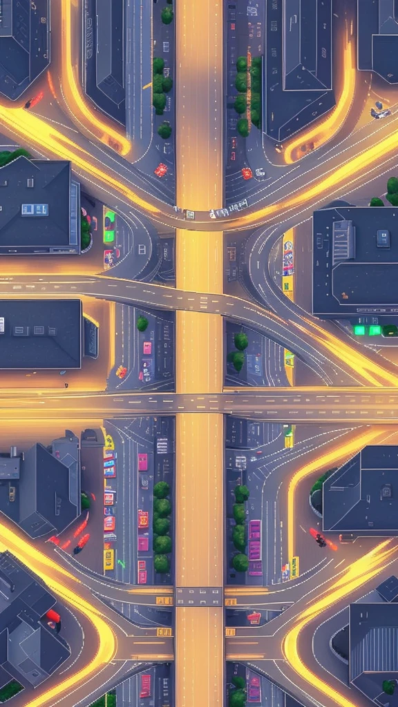 Straight road running through the center of the city, game concept, game map, pixel, pixel art, (straight road:1.2), paved road, night, detailed, vertical, bird's eye view, modern city, front projection