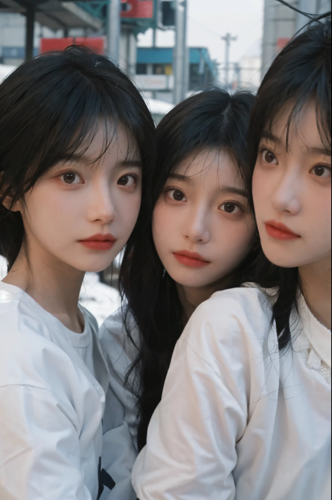 best quality, Ultra-high resolution, White background,16K,simplesmente fofo,(Realistically:1.4), 2 girls, White short sleeve,twin,Triplets,Rose Rain,A pair of eyes as clear as snow,Royal sisters,looking at the audience, close up ,