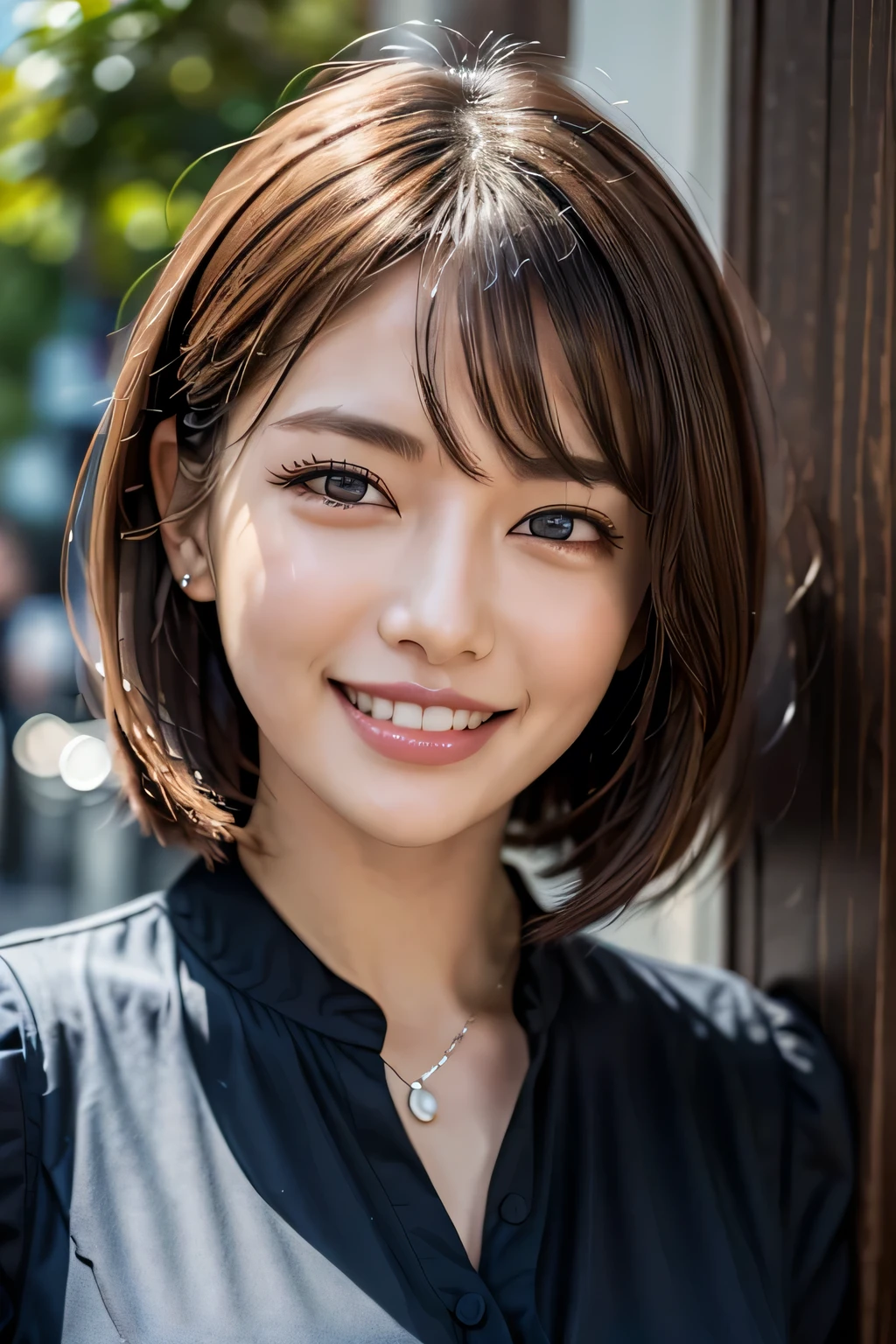 ((masterpiece)), ((Highest quality)), ((Complex)), ((Surreal)), (Realistic), (Mature Woman), ((There are no classes)), Very detailed, (1 female), Beautiful and exquisite, (Beautiful Teeth), Grin, Brunette Bob Hair, Brown eyes, ((blouse)), (Upper Body), (background:none), Perfect Eyes, Captivating eyes, Looking at the audience