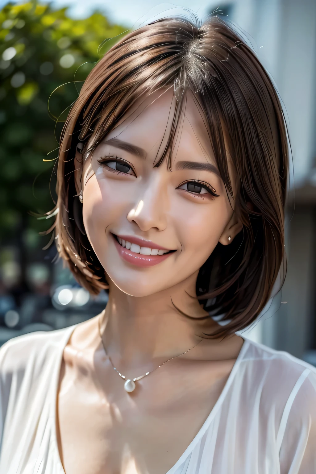 ((masterpiece)), ((Highest quality)), ((Complex)), ((Surreal)), (Realistic), (Mature Woman), ((There are no classes)), Very detailed, (1 female), Beautiful and exquisite, (Beautiful Teeth), Grin, Brunette Bob Hair, Brown eyes, ((blouse)), (Upper Body), (background:none), Perfect Eyes, Captivating eyes, Looking at the audience