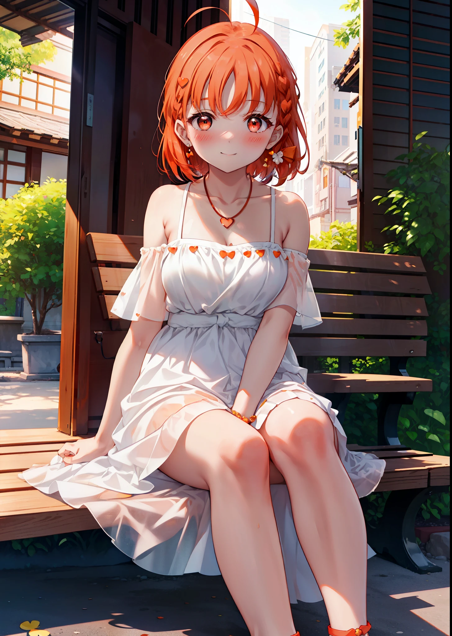 chika　takami,Orange Hair,Ahoge,Red eyes,smile,blush,Orange off-shoulder dress,Bare shoulders,bare clavicle,Bare neck,Short sleeve,Heart-shaped necklace,Long skirt,Cute heeled sandals,Sitting on a bench,,Daytime,Clear skies,whole bodyがイラストに入るように break outdoors, Building district, break looking at viewer, whole body, break (masterpiece:1.2), Highest quality, High resolution, unity 8k wallpaper, (figure:0.8), (Beautiful attention to detail:1.6), Highly detailed face, Perfect lighting, Highly detailed CG, (Perfect hands, Perfect Anatomy),