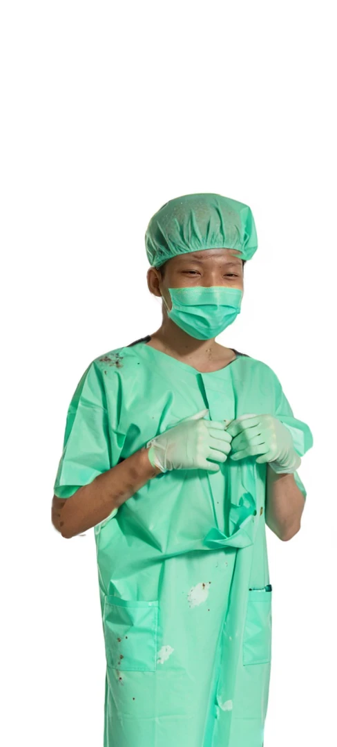 blood-stained surgical gown with visible splatters and smears of blood.
Surgical gloves, also covered in blood, with some tears and wear.
A surgical mask that has dark, ominous stains and possibly a sinister smile peeking from behind it.
Blood scratches on the shirt, as if claw marks or violent scuffles left deep, bloody gouges.
