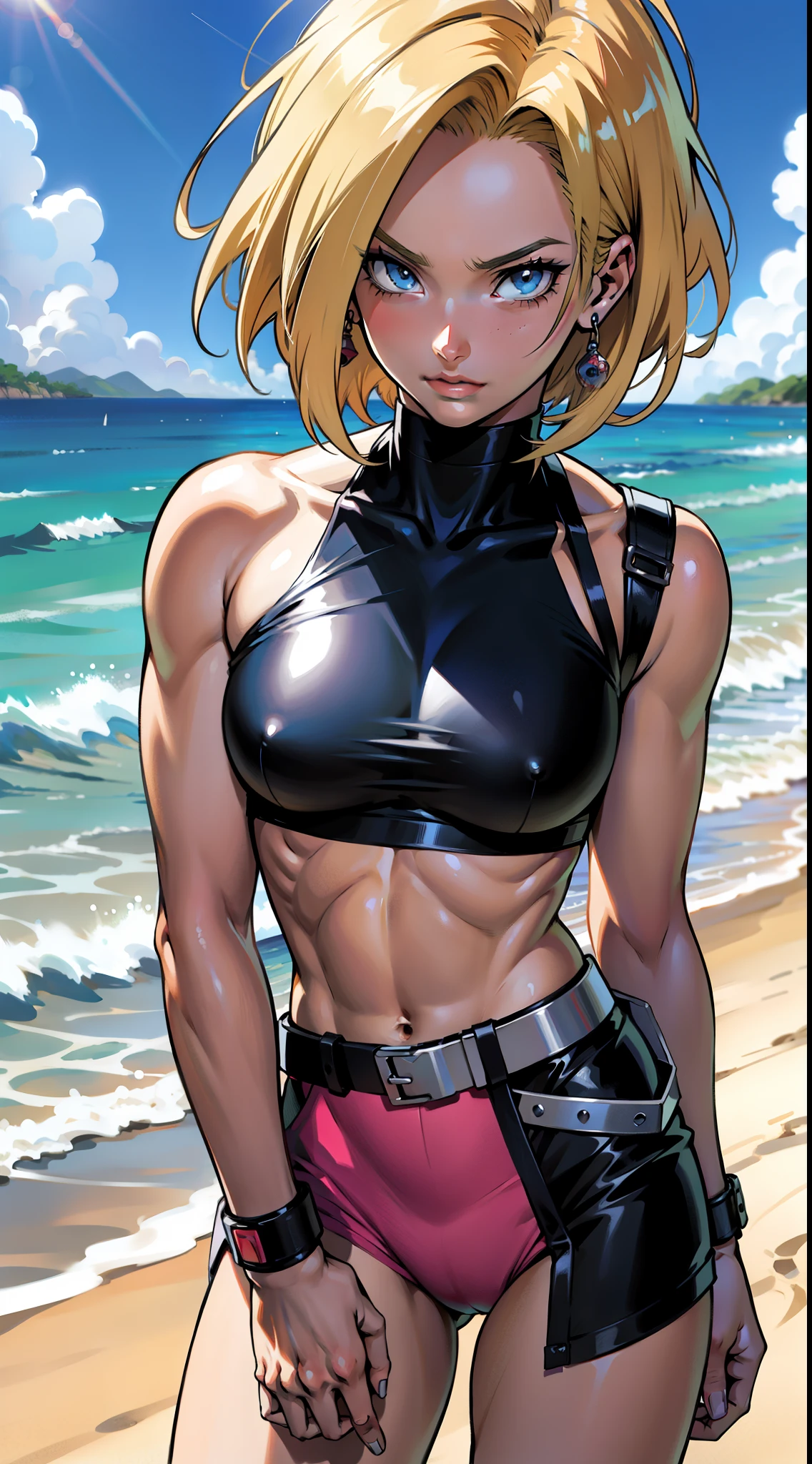 アニメ cel-shading (Android 18), bikini, on the beach in ((anime + manga + comics + cartoon) style) 