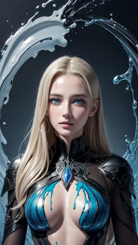 Beautiful supermodel woman with blonde hair, Hair with subtle highlights, Blue-gray eyes, Mixed Media, Wet paint, Jewel Beetle、Black Costume, Colored Background, The color of the liquid flowing on her face, photograph：Jinnah Chan. - At six o&#39;clock