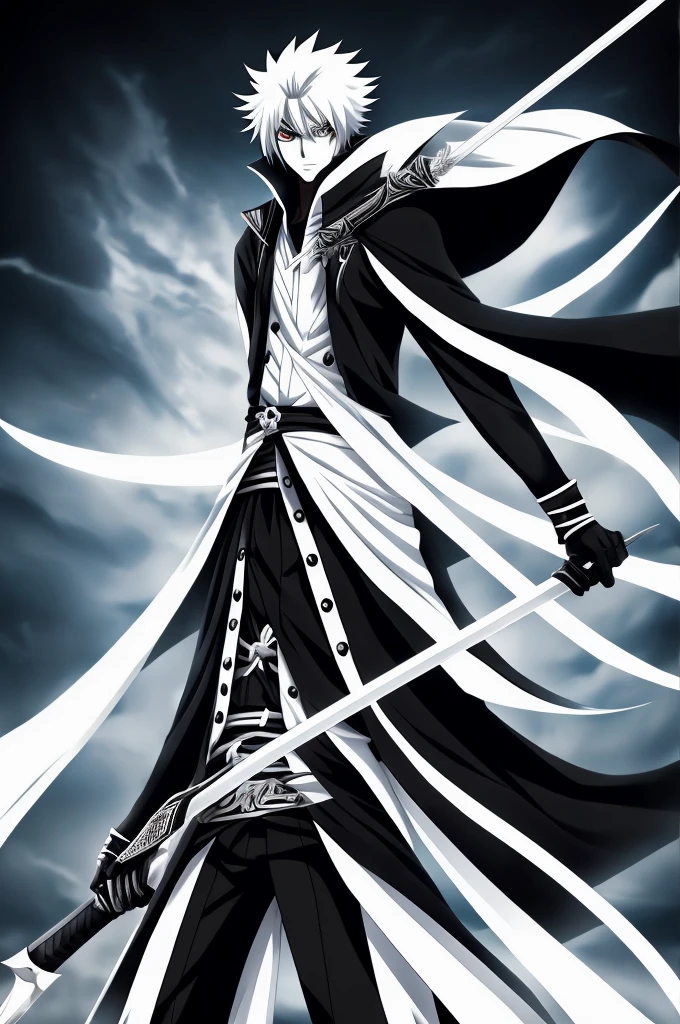 a man in a black and white outfit holding a sword, ichigo kurosaki, ichigo, bleach manga style, bleach, shinigami, anime!!!!, anime masterpiece, shonen, anime!!, anime!!!, epic anime, anime wallaper, anime picture, katsushika, anime!, advanced digital anime art ”, epic anime style, anime wallpaper