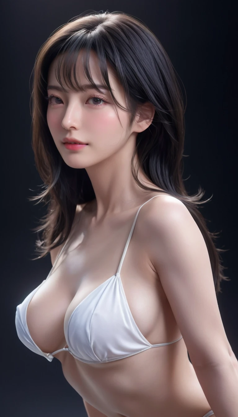 ((最大16K解像度のmasterpiece:1.6)), beautiful, Highest quality, Absolutely wonderful, high detail, Ultra-high resolution, masterpiece, Real, Realistic, The depth of the written world, Cinematic Light,
One elegant mature woman, Long black hair, beautiful顔, Highly detailed facial expressions, Gentle expression, Transparent white skin, Very delicate skin texture, Superb proportions, Anatomically correct body,
Elegant high leg swimsuit, snow-white color, Fine fabric texture、
Black Background,
Focus on the upper body,((Close-up of face:1.5)),