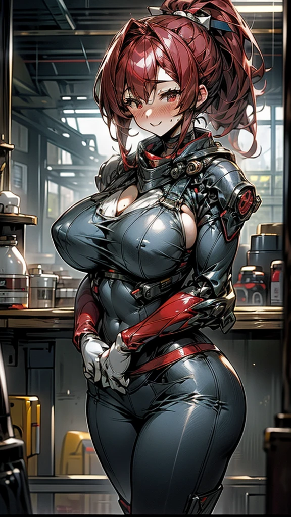 18-year-old girl,Baby Face,Crimson short-haired,ponytail hairstyle,Smile,Huge breasts,cleavage,Sheer red sleeveless top,Leave space in the middle to reveal cleavage,Soaked all over,Blushing,Red eyes,Female spy,Red miniskirt,White gloves,White hand sleeves,White boots,Science fiction,Future,Inside the mecha combat robot warehouse,robot driver,Pistol hanging on waist,No bangs