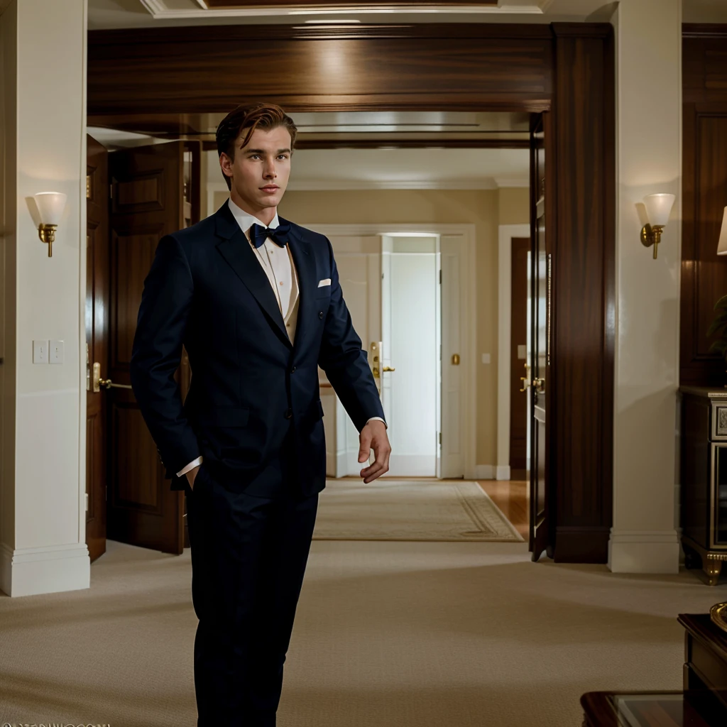 The character is standing in the living room, seeing off the guests, Brown hair, Mid-Sea Appearance, handsome male, elegant pose, in a navy blue suit, The surroundings exude tranquility and luxury, ( Old Money Style Image),ultra realistic