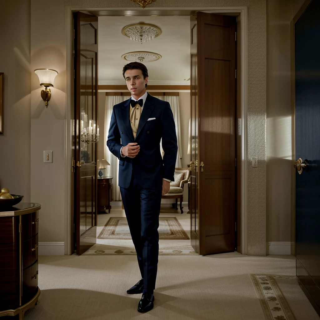 The character is standing in the living room, seeing off the guests, Brown hair, Mid-Sea Appearance, handsome male, elegant pose, in a navy blue suit, The surroundings exude tranquility and luxury, ( Old Money Style Image),ultra realistic