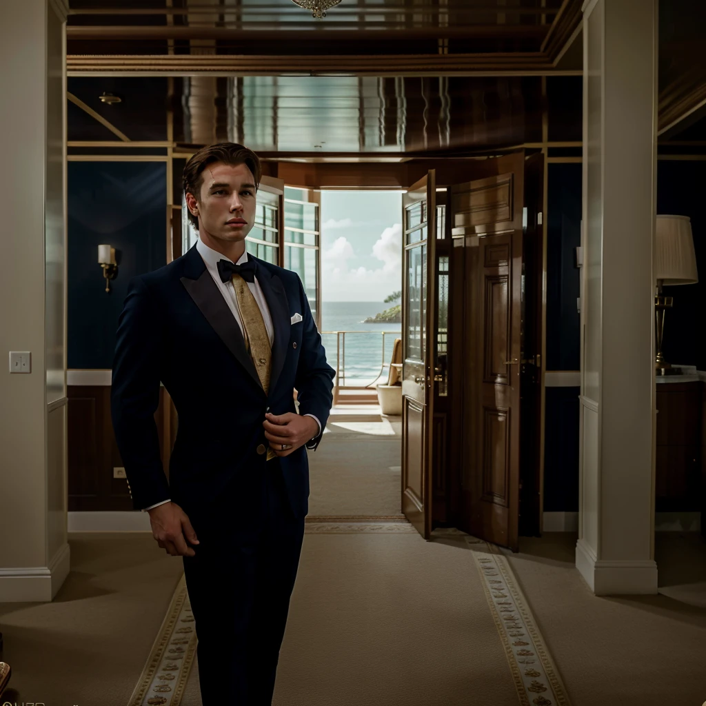 The character is standing in the living room, seeing off the guests, Brown hair, Mid-Sea Appearance, handsome male, elegant pose, in a navy blue suit, The surroundings exude tranquility and luxury, ( Old Money Style Image),ultra realistic