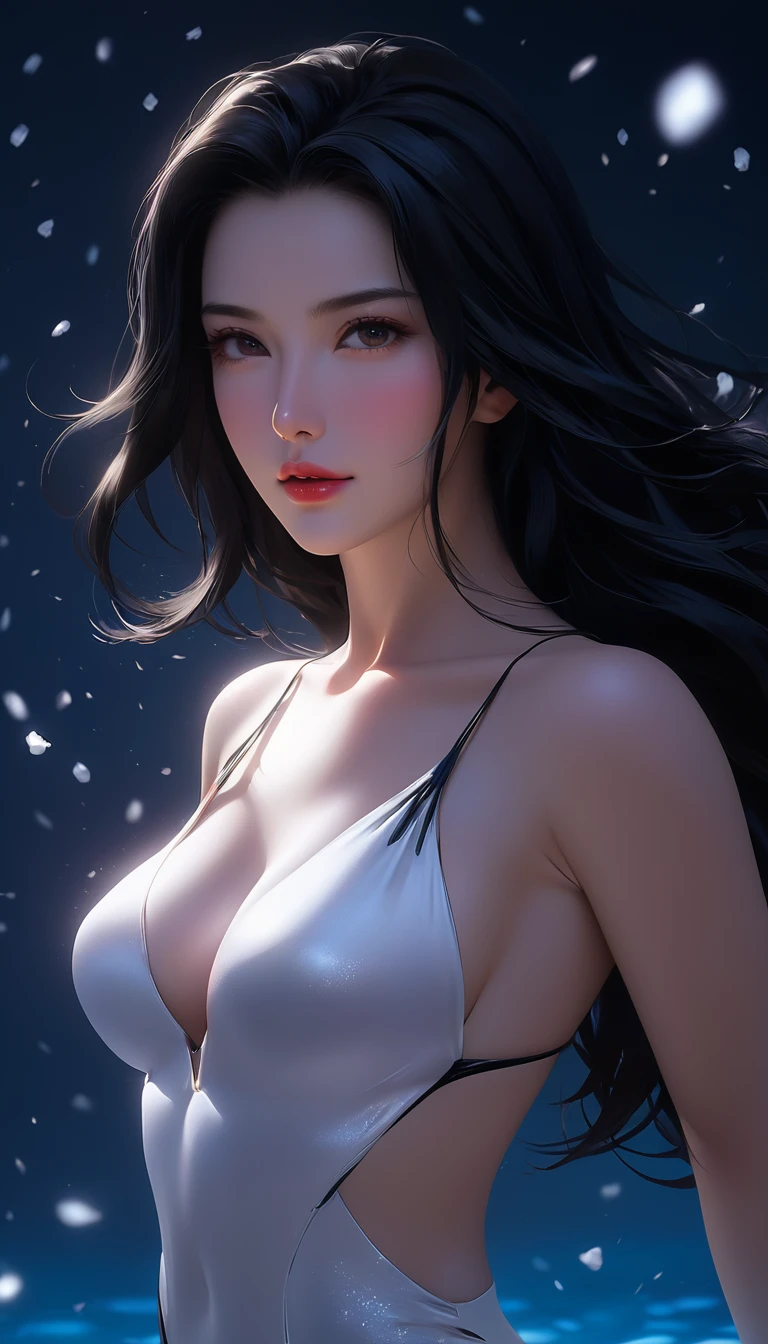 ((最大16K解像度のmasterpiece:1.6)), beautiful, Highest quality, Absolutely wonderful, high detail, Ultra-high resolution, masterpiece, Real, Realistic, The depth of the written world, Cinematic Light,
One elegant mature woman, Long black hair, beautiful顔, Highly detailed facial expressions, Gentle expression, Transparent white skin, Very delicate skin texture, Superb proportions, Anatomically correct body,
Elegant high leg swimsuit, snow-white color, Fine fabric texture、
Black Background,
Focus on the upper body,((Close-up of face:1.5)),