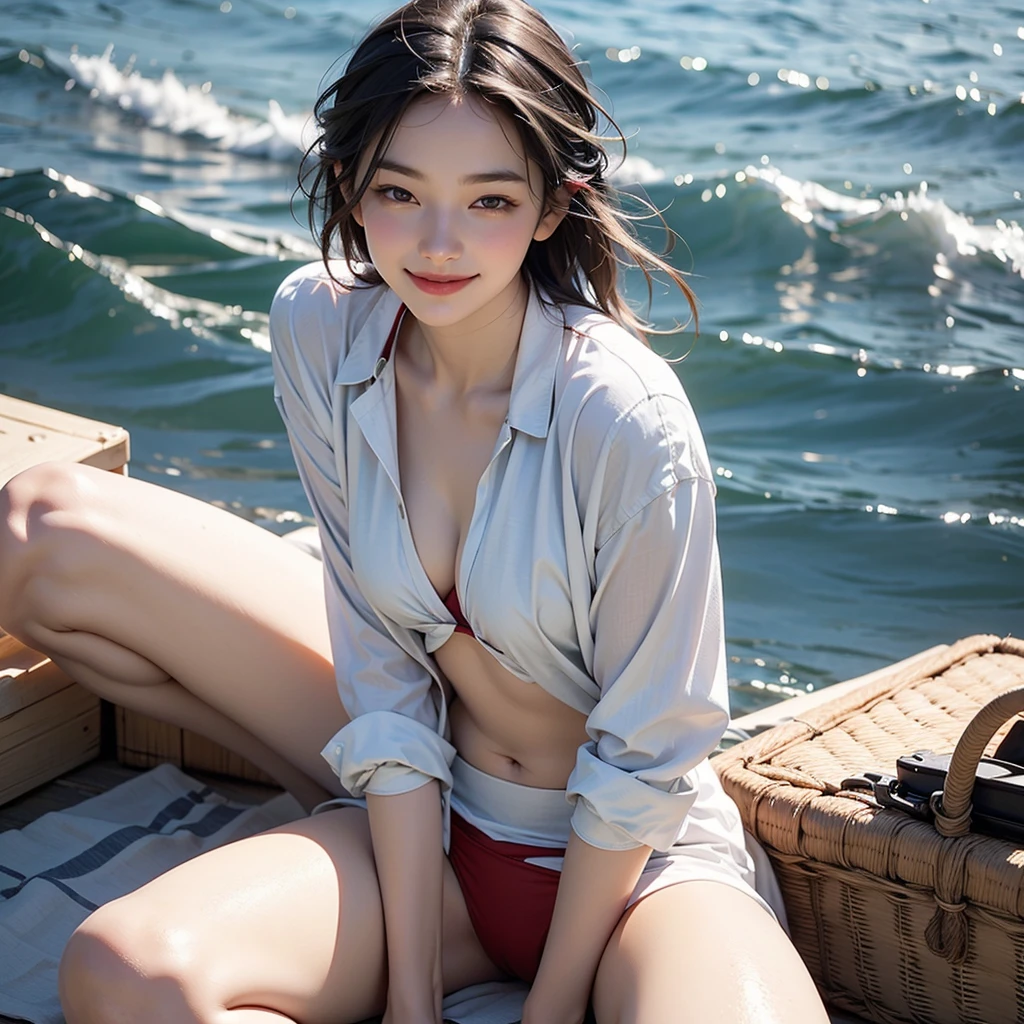 (Maldives)
very cute and beautiful girl,Red and white bikini swimsuit,(Very detailed美しい顔),
(smile:1.2),Happy,Black Hair,Sitting on a picnic sheet,Beach,picnic basket,sandwich,(From above),
(Highest quality,masterpiece:1.0),Absurd,High resolution,Super detailed,Very detailed,32k,8K resolution,
Intricate details,Movie Scenes,Detailed Background,alone,Dynamic Angle,
Natural light,Hair blowing in the wind,Beautifully detailed skies,