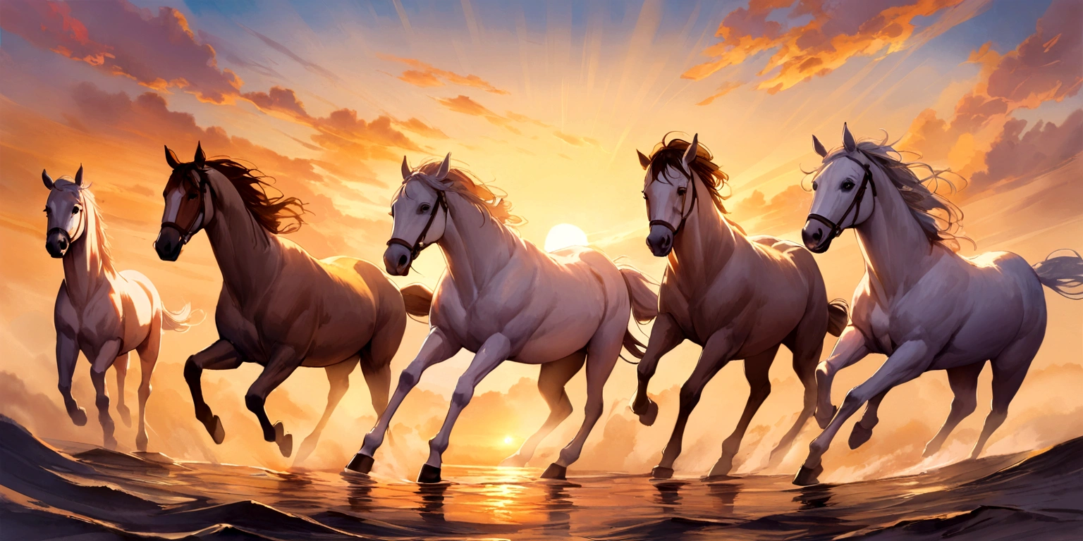5 piece box, three white horses, oil painted, sunrise, one horse in the middle and two on the sides