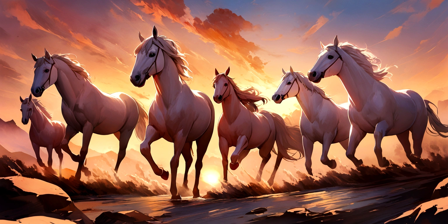 5 piece box, three white horses, oil painted, sunrise, one horse in the middle and two on the sides