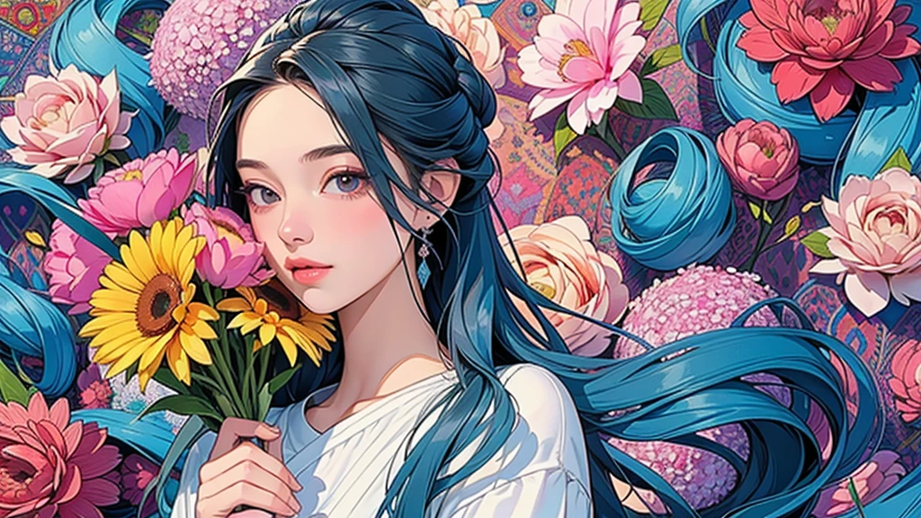 (ultra-Detailed Background, Detailed Background), Absurd, High resolution, Super detailed, Very detailed, One girl, (bouquet:1.3), (Tangled:1.2), (Geometric:1.2),(colorful),