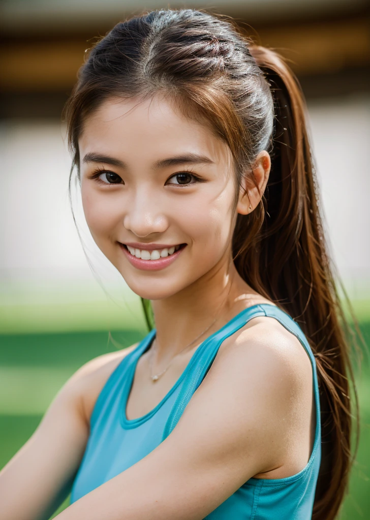 (Realistic, photo-Realistic:1.37),(8K, RAW Photos, Highest quality, masterpiece:1.2), Ultra-detailed, 超High resolution, Kodak Vision Color, Filmed with an Arricam LT camera,Highest quality, Lively, 8K, High resolution, Escape, (Professional Lighting), (Portraiture:0.6), Brown Hair,22 years old、slender、Sports instructor、sports gym、ponytail、indoor、Japanese、Upper body close-up、smile、