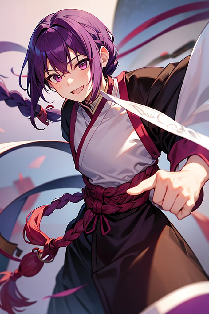 Purple Hair、Red eyes、White background、Anime characters、Knot、Braid、A man wearing black kung fu clothing、Smiling young man、Man standing facing forward、juvenile