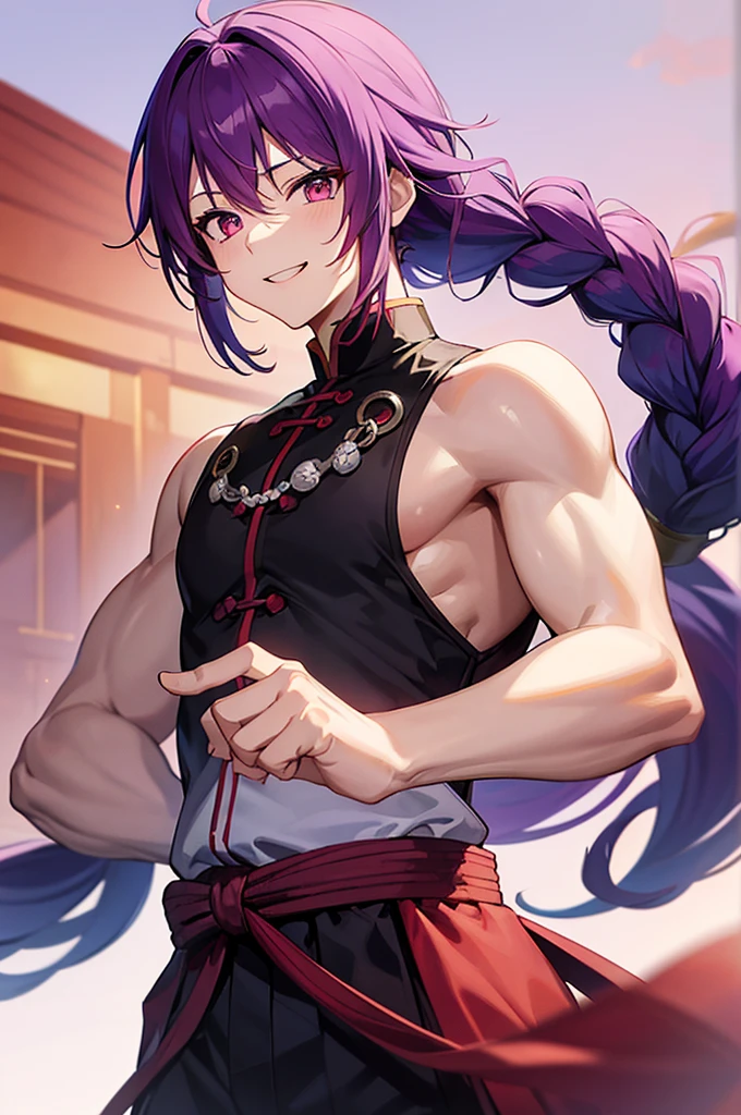 Purple Hair、Red eyes、White background、Anime characters、Knot、Braid、A man wearing black kung fu clothing、Smiling young man、Man standing facing forward、juvenile
