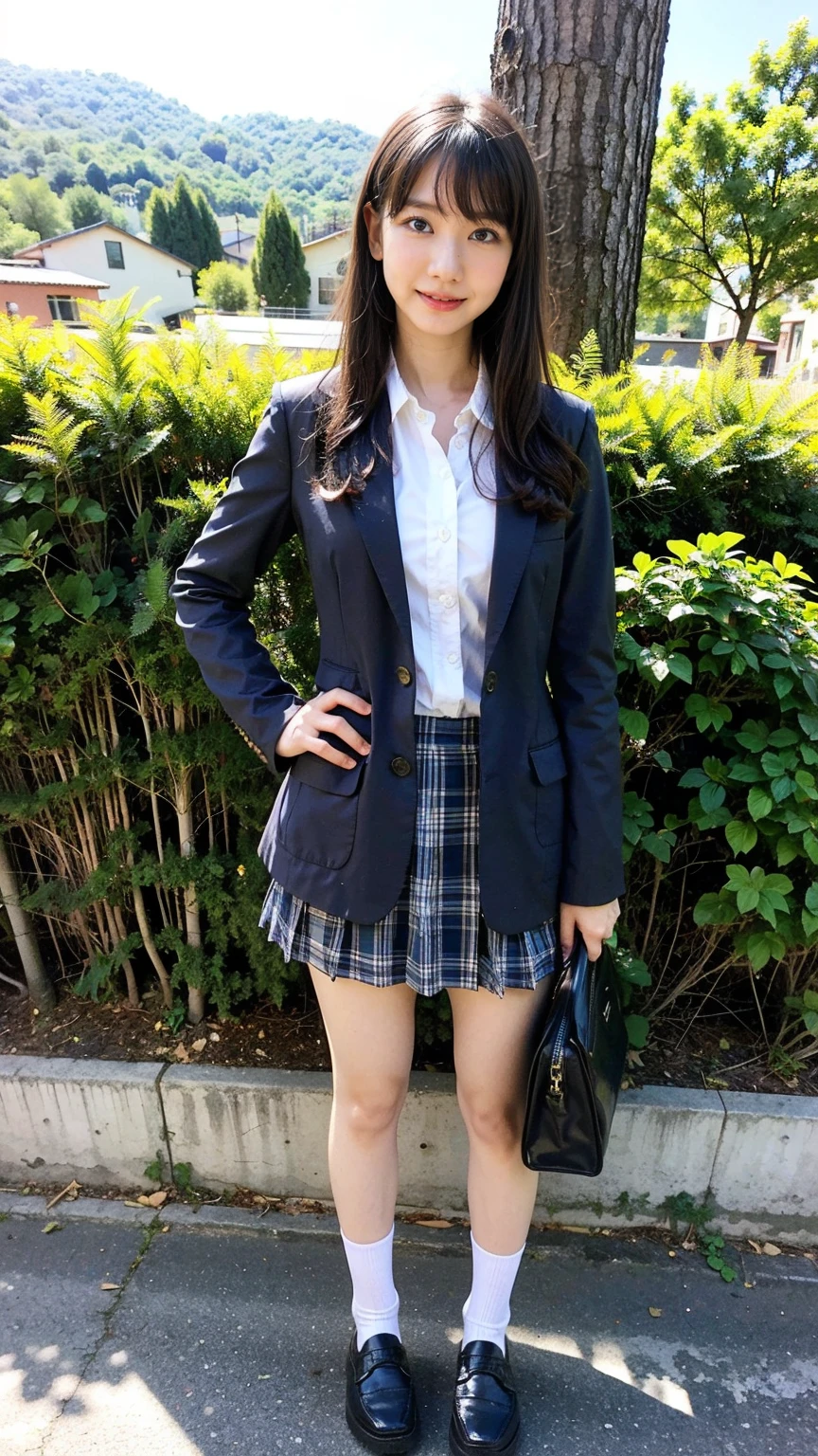 (8K、RAW Photos、Highest quality、masterpiece:1.2)、(Realistic、Realistic)、1 Girl、((Black Check Mini Skirt、High School Uniform、blazer、Navy Socks、loafers、Medium Hair、garden、View from the front、Looking into the camera、Stand with hands on hips))、cute