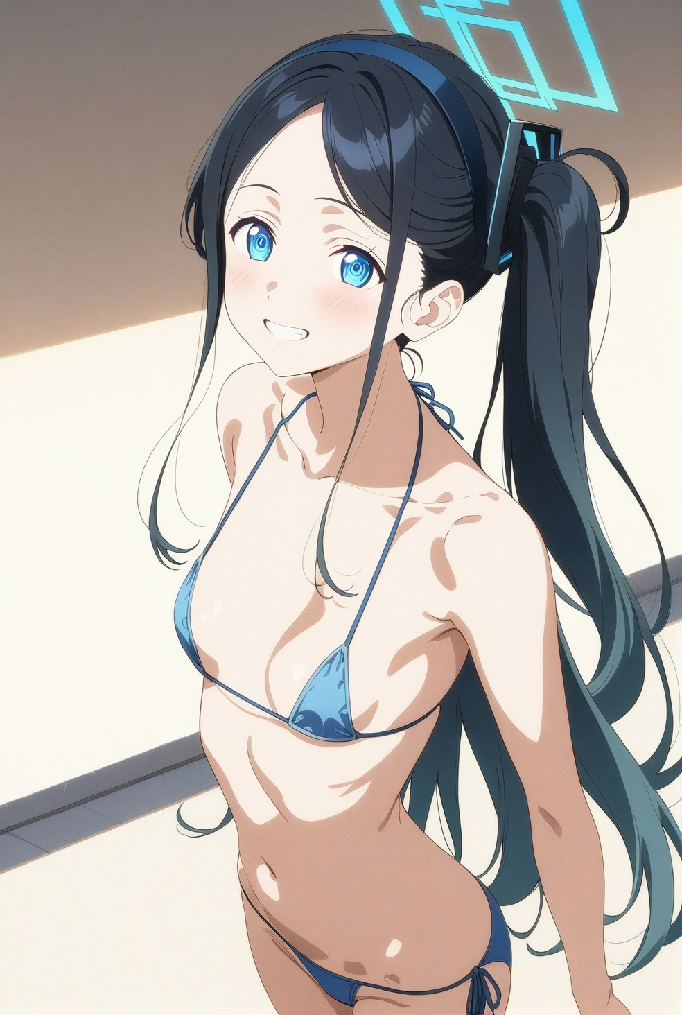 best quality, amazing quality, very aesthetic, absurdres, (1girl, aris (blue archive), blue archive, blue eyes, black hair, small breasts), (realistic face:0.9),(string bikini:1.8), (grin, blush, thigh:1.3), (cowboy shot), (glowing eyes), (half closed eyes:0.9), (), (official art:1.3), (pool), expressive eyes, perfect face, 4k, extremely detailed anime illustration, extremely detailed eyes, perfect anatomy, light rays, extremely delicate body, smooth skin, (simple background:1.5), clear eyes, beautiful face, small breasts,(anime style:1.7), (Warm Light:1.5), (highres:2),