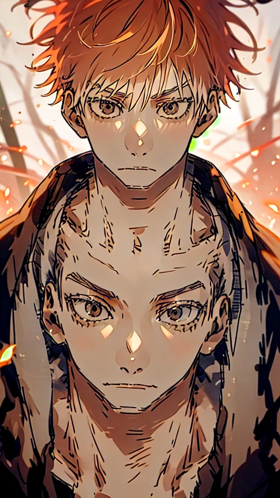 1 man,Satoru Gojo,pale red hair,short hair,hair between eyes,Brown eyes,black eyelashes, relaxed facial expression,relaxed eyebrows,relaxed eyes