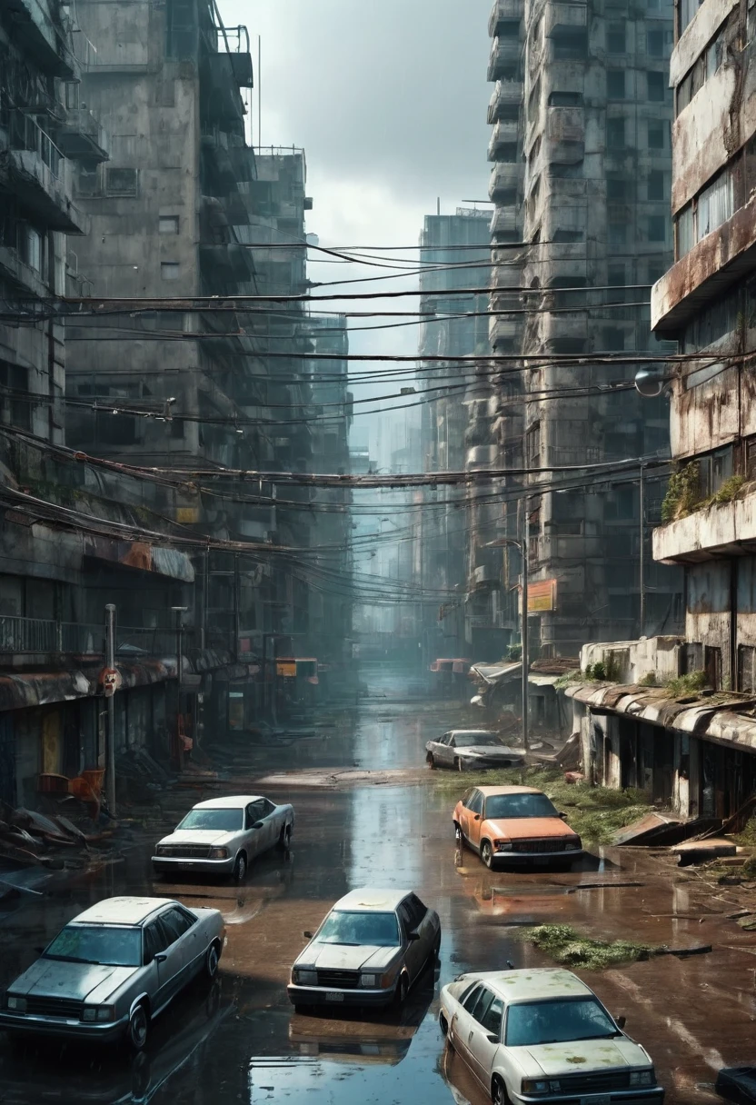 Image of the center of a modern ultra futuristic abandoned city with rusty and dirty overturned abandoned cars standing among the dirty modern round and circular gray buildings in ruins. Cyberpunk style, rain and puddles of water on the ground, Science fiction, top view from a height of 30 meters, apocalipse nuclear, urban scenery with poles with traffic lights and wires of fallen poles, there is a rusty chain link fence around the buildings, There are billboards that have been erased and fallen from buildings, many buildings on the horizon as realistic as possible, high qualiy, 4K, hyper detailled