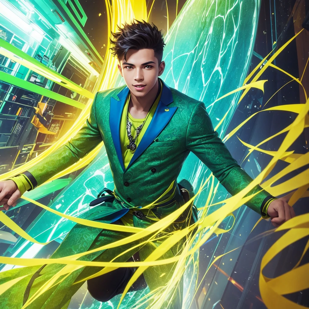 Create an image of a young male activist wearing vibrant green clothing. He should be in a dynamic, energetic pose, creatively inspiring and exciting a diverse group of people around him. The setting should be lively and colorful, reflecting a sense of enthusiasm and creativity. Include elements that highlight his charismatic and motivational personality, such as expressive gestures, an engaging smile, and vibrant surroundings filled with creativity and positive energy.