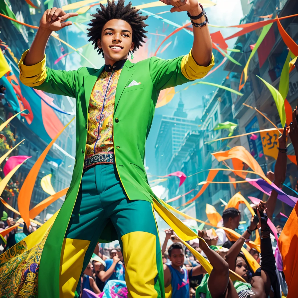 Create an image of a young male activist wearing vibrant green clothing. He should be in a dynamic, energetic pose, creatively inspiring and exciting a diverse group of people around him. The setting should be lively and colorful, reflecting a sense of enthusiasm and creativity. Include elements that highlight his charismatic and motivational personality, such as expressive gestures, an engaging smile, and vibrant surroundings filled with creativity and positive energy.