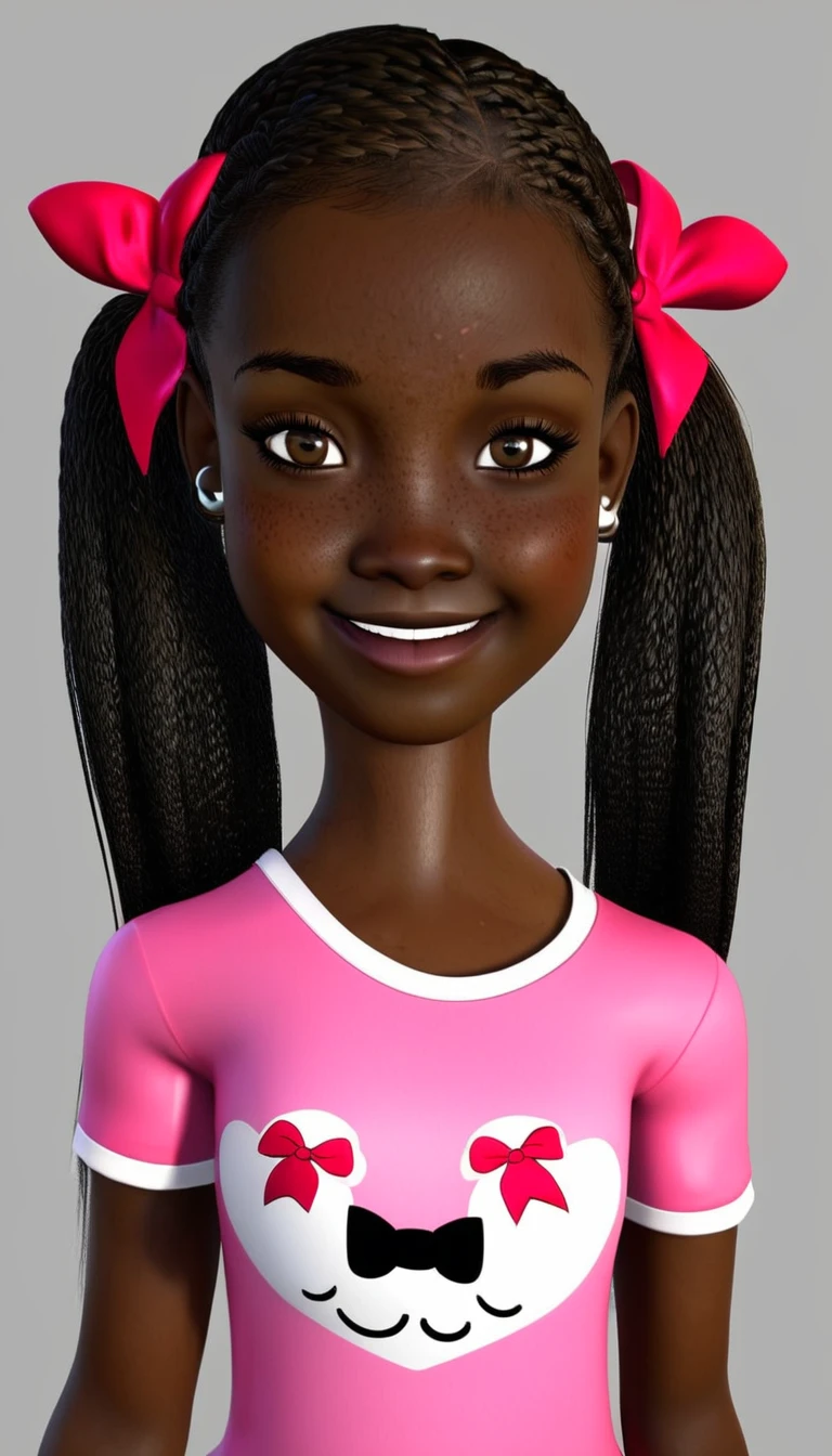 Create a full body shot -friendly avatar of a young girl with dark skin and hair styled in pigtails adorned with red and pink bows. She is wearing a pink shirt and has large, expressive eyes, a friendly smile, and a playful demeanor.