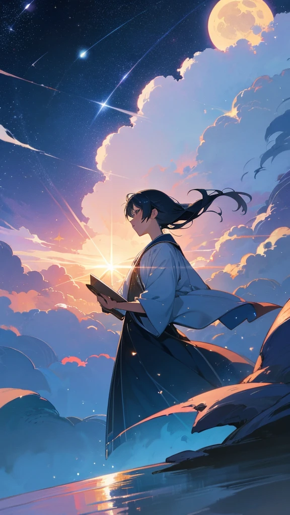 A condensed beauty of a painting of a river and the stars and moon in the sky, Concept art inspired by Mitsuoki Tosa, pixiv Contest Winner, highest quality, Fantasy art, Beautiful anime scene, Bright moon circle, Starry Sky environment in the moonlight, Dream Painting, Anime Background art, Dreamscape Painting, Great night, Anime Background, Background artwork, Great art, Atmospheric anime, Starry Sky, Detail enhancement.