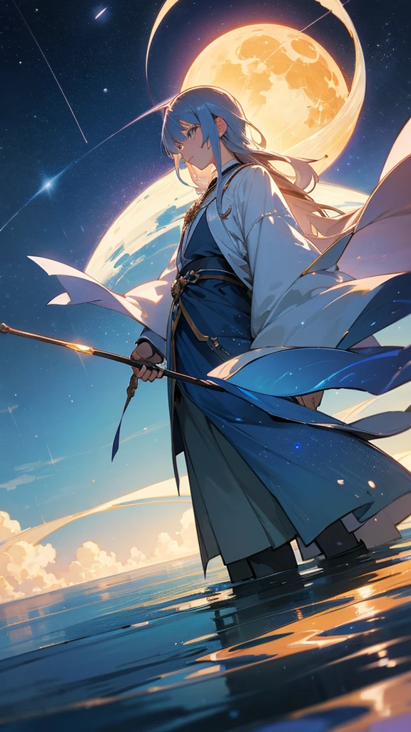 A condensed beauty of a painting of a river and the stars and moon in the sky, Concept art inspired by Mitsuoki Tosa, pixiv Contest Winner, highest quality, Fantasy art, Beautiful anime scene, Bright moon circle, Starry Sky environment in the moonlight, Dream Painting, Anime Background art, Dreamscape Painting, Great night, Anime Background, Background artwork, Great art, Atmospheric anime, Starry Sky, Detail enhancement.  