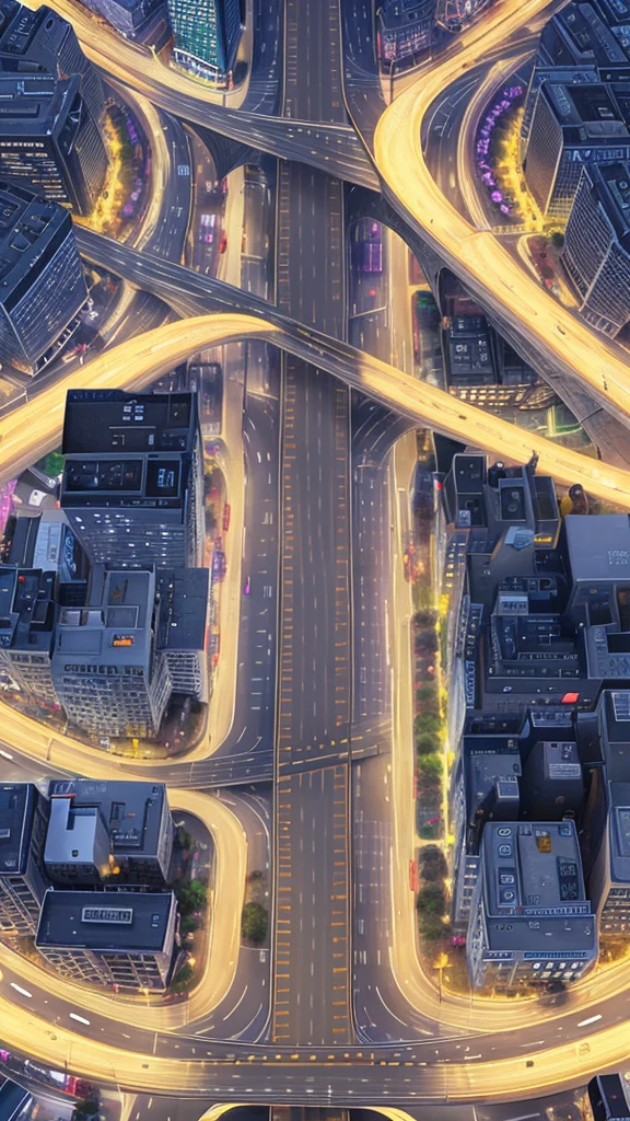 Straight road running through the center of the city, game concept, game map, pixel, pixel art, (straight road:1.2), paved road, night, detailed, vertical, bird's eye view, modern city, front projection