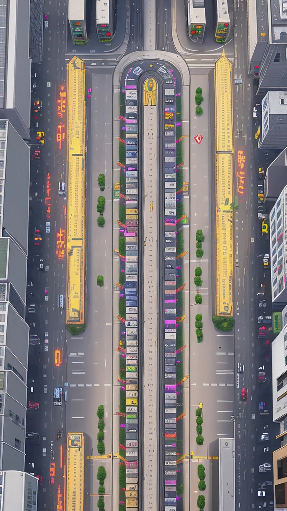 Straight road running through the center of the city, game concept, game map, pixel, pixel art, (straight road:1.2), paved road, night, detailed, vertical, bird's eye view, modern city, front projection