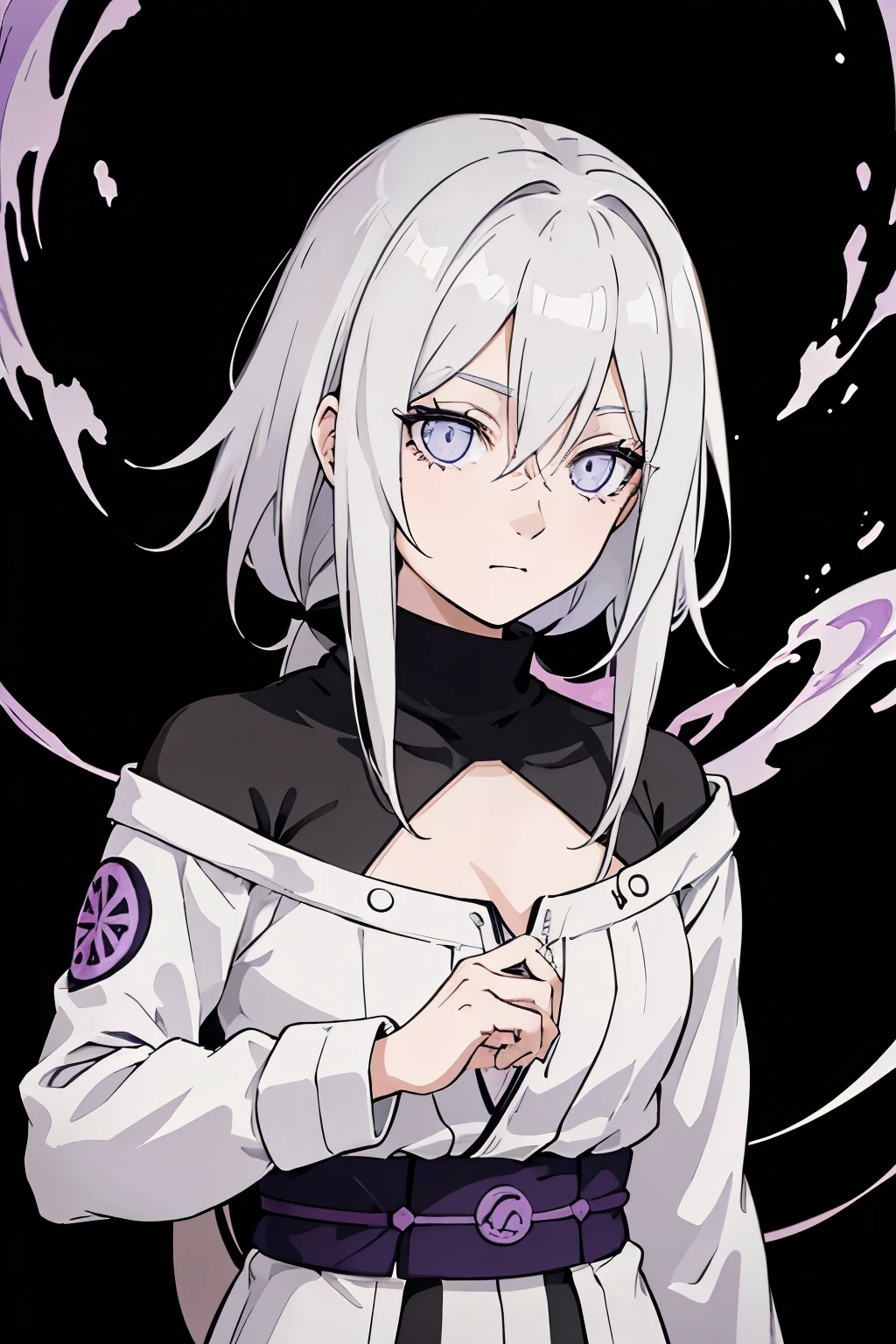 (high-quality, breathtaking),(expressive eyes, perfect face) portrait, Symmetrical Eyes, 1girl, female, solo, ager, short height, white hair, white coloured eyes, byakugan, anime naruto art style, long hair, fluffy hair, feminine face, grey background, detailed eyes, hyuga, Ōtsutsuki, naruto ninja attire, neutral expression, soft smile, purple and black clothing, white trim, long sleeves, white dress, hair between eyes, bare shoulders, jacket
