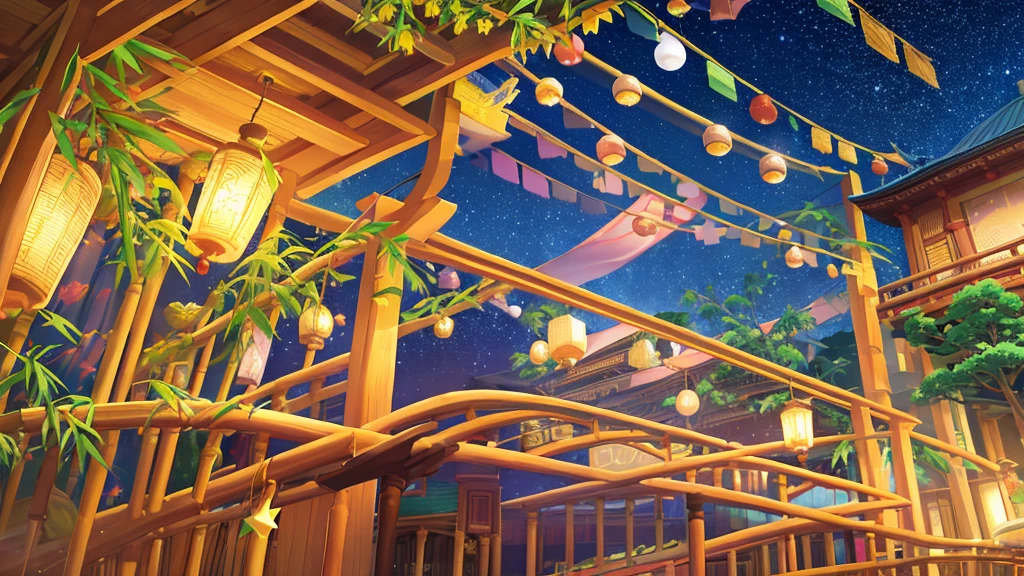 A lively Tanabata night with bamboo branches decorated with colorful ornaments and paper wishes. The night sky is vibrant with a river of stars, The Milky Way spreads out brilliantly. The stars sparkle like diamonds, Bamboo leaves sway gently. The lanterns emit a warm light, Enhance the festive atmosphere.
