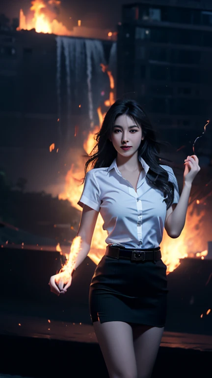 Masterpiece:1.2, best quality, 8k, UHD, high detailed, knee shot, portrait, hyperrealistic, cinematic light, 18s woman, thai university, uniform, white shirt, black tight short skirt, brown sueded belt, perfect figure, perfect body proportions, beautiful, pretty, digital art, light and shadow, goku seiyan  hair, dynamic powerful pose, high contrast, explosive fire, flame, blue ligthening, fire, burning, cloud, big flame around her, dark background