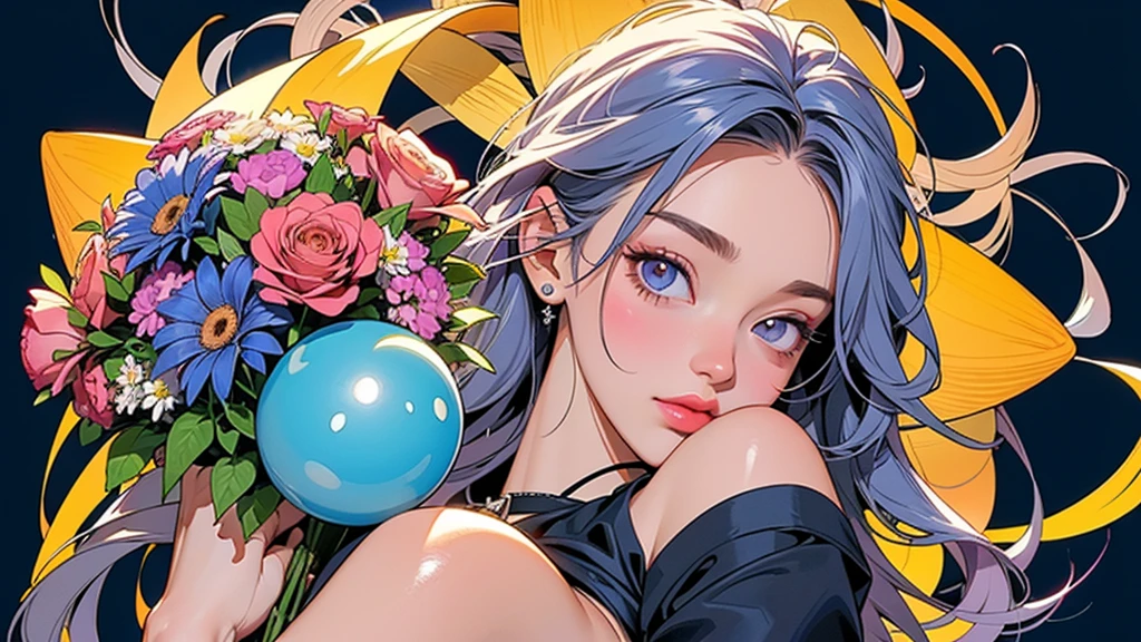 -cacao, 1girl, phone, solo, jewelry, breasts, cellphone, black hair, long hair, holding phone, necklace, earrings, ring, holding, artist name, smartphone, tentacles, looking at viewer, bare shoulders, flower, cleavage, parted lips, upper body<lora:cacao-000018:0.8>,
