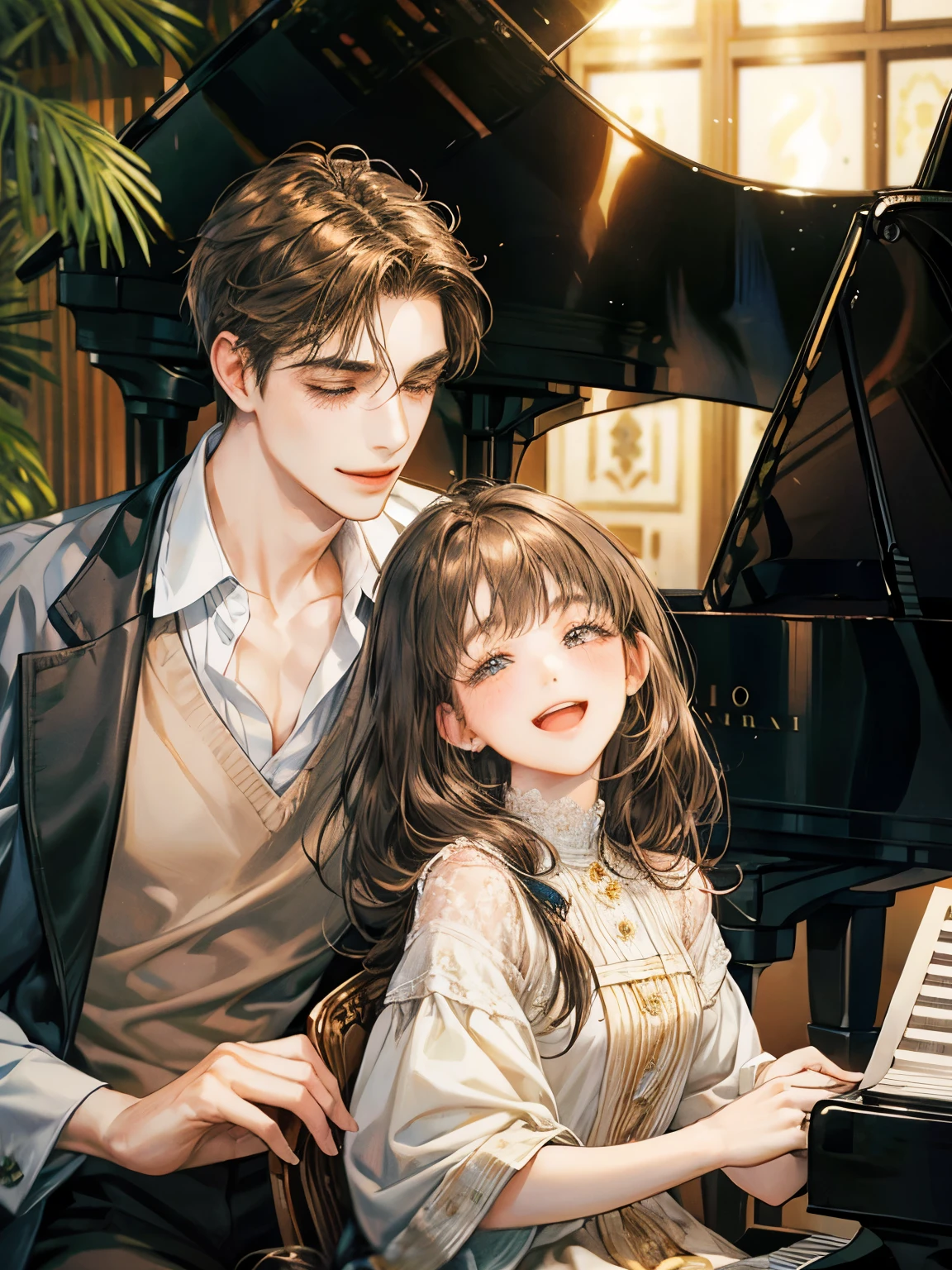 Masterpiece, there is a black man with long black dreadlocks and a white woman with brown hair, both smile, piano at the front, music notes on the background, stars are shining, happy couple, music, musicians